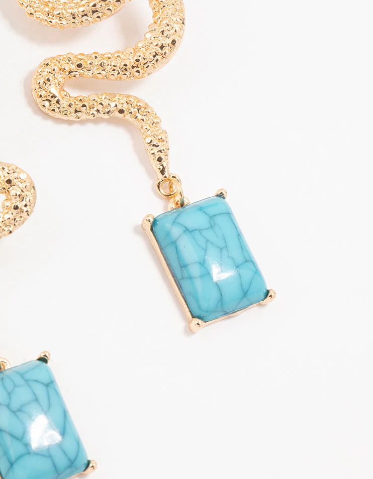 Gold & Blue Snake Stone Drop Earrings - Image 3