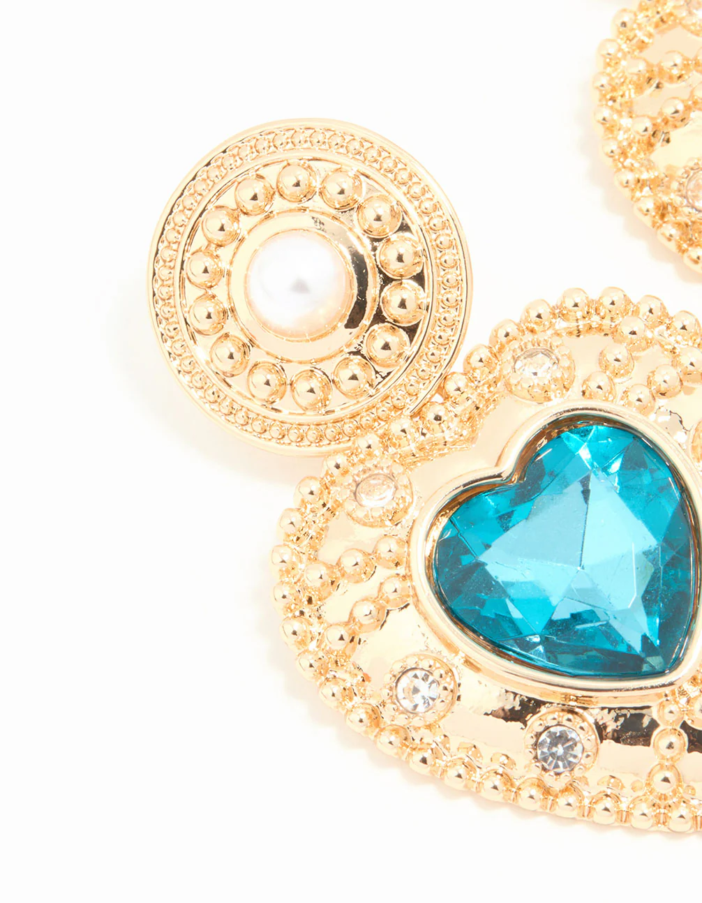 Gold Blue Stone Heart Drop Earrings - Image 2