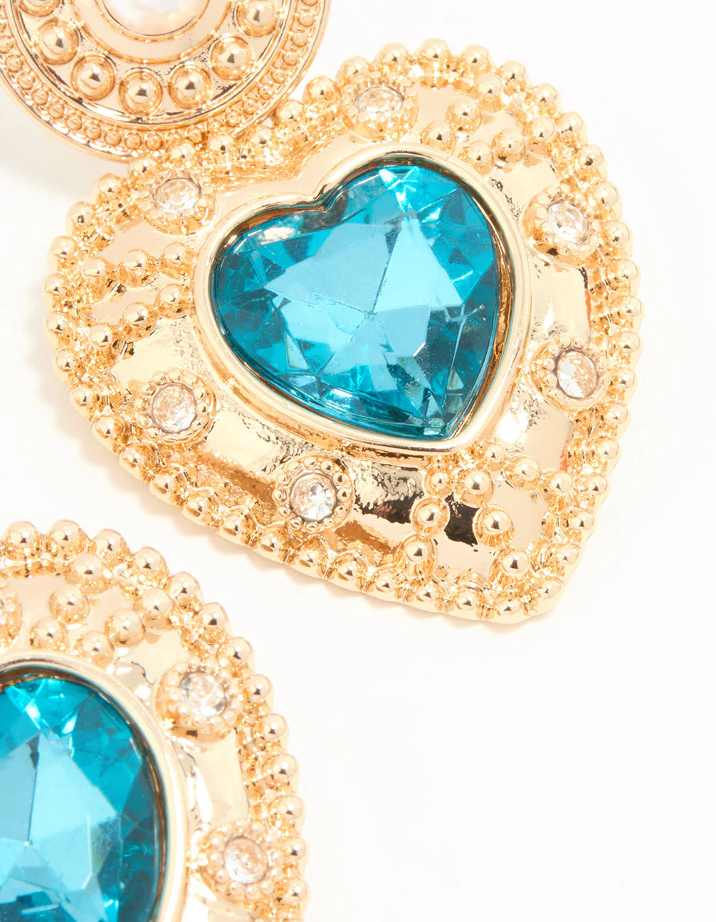 Gold Blue Stone Heart Drop Earrings - Image 3