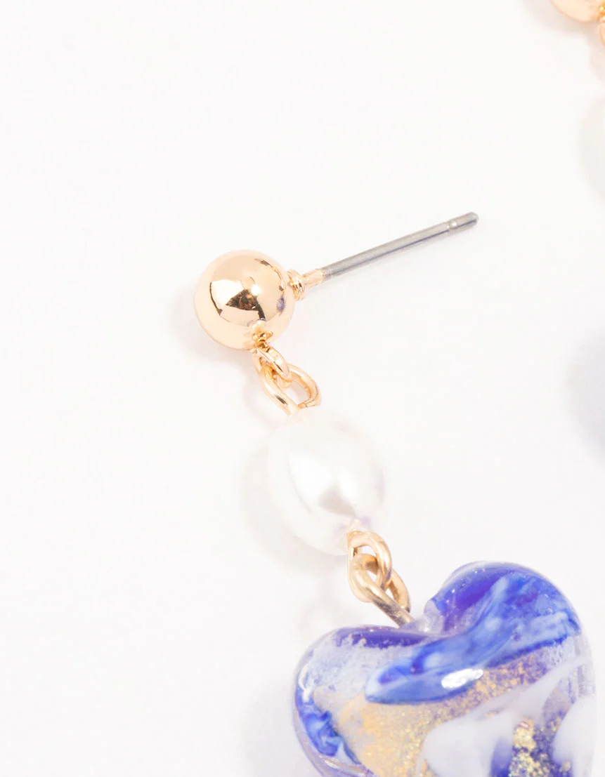 Gold Blue Swirl Heart Drop Earrings - Image 2