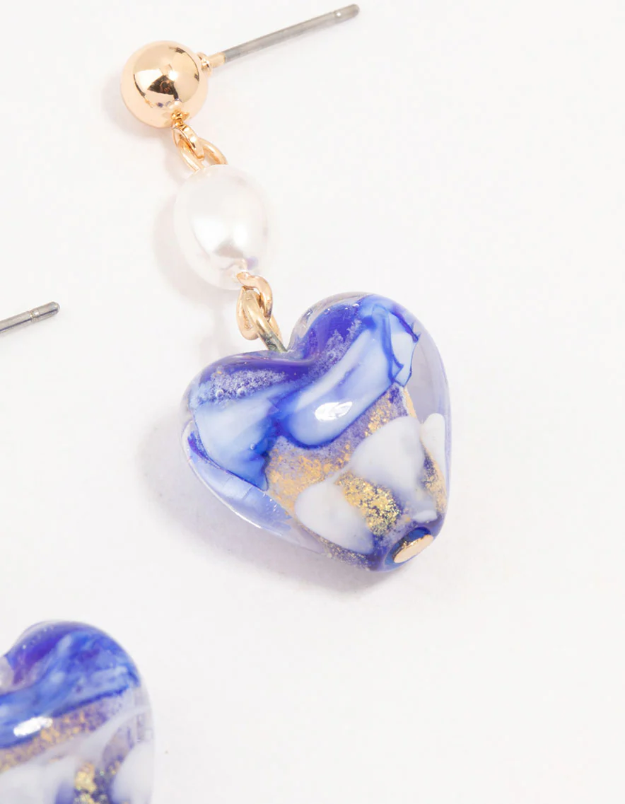 Gold Blue Swirl Heart Drop Earrings - Image 3