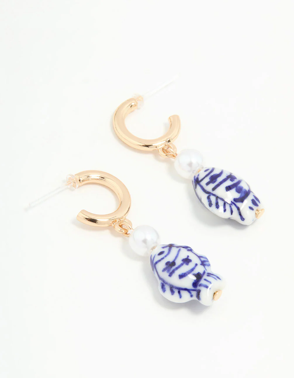 Gold Blue & White Fish Hoop Earrings