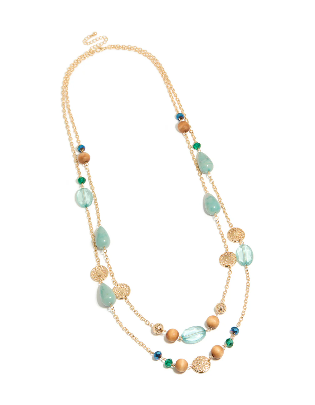 Gold Blue & Wooden Long Layered Necklace - Image 2