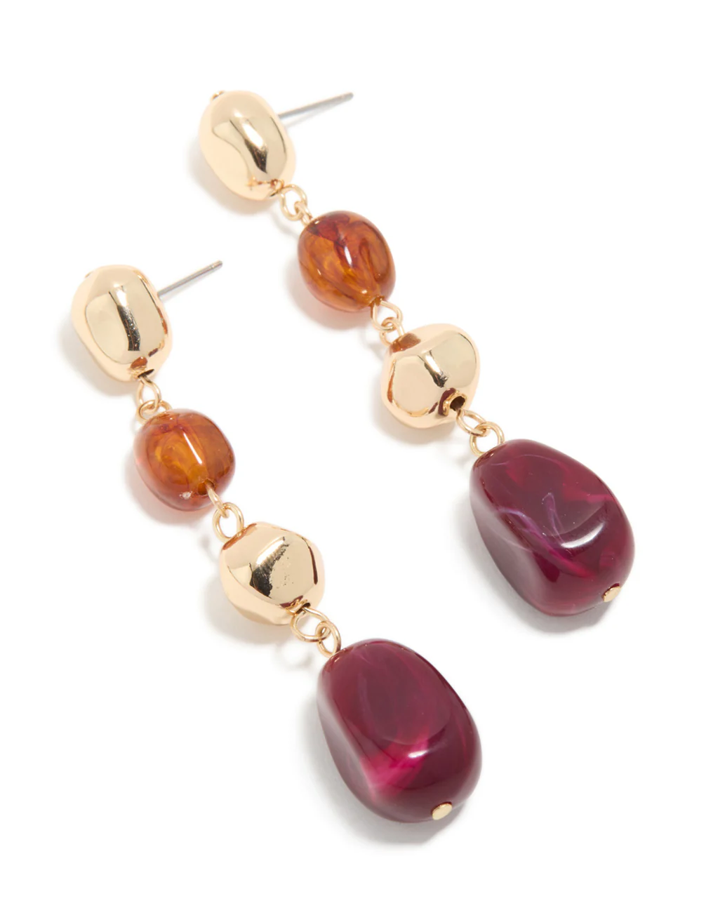 Gold Brown & Dark Pink Beaded Organic Drop Earrings - Image 2