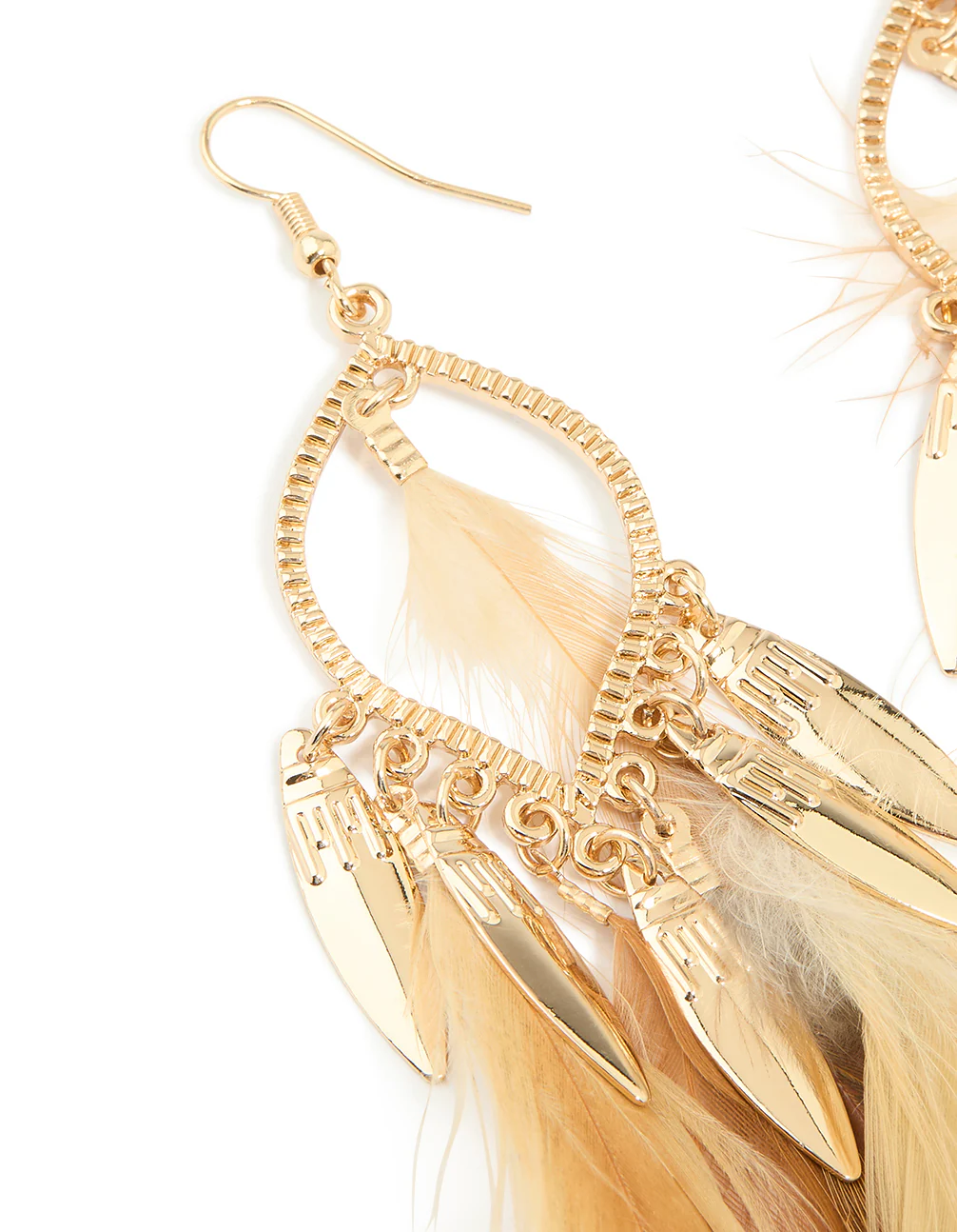 Gold Brown Feather Boho Fish Hook Earrings - Image 4