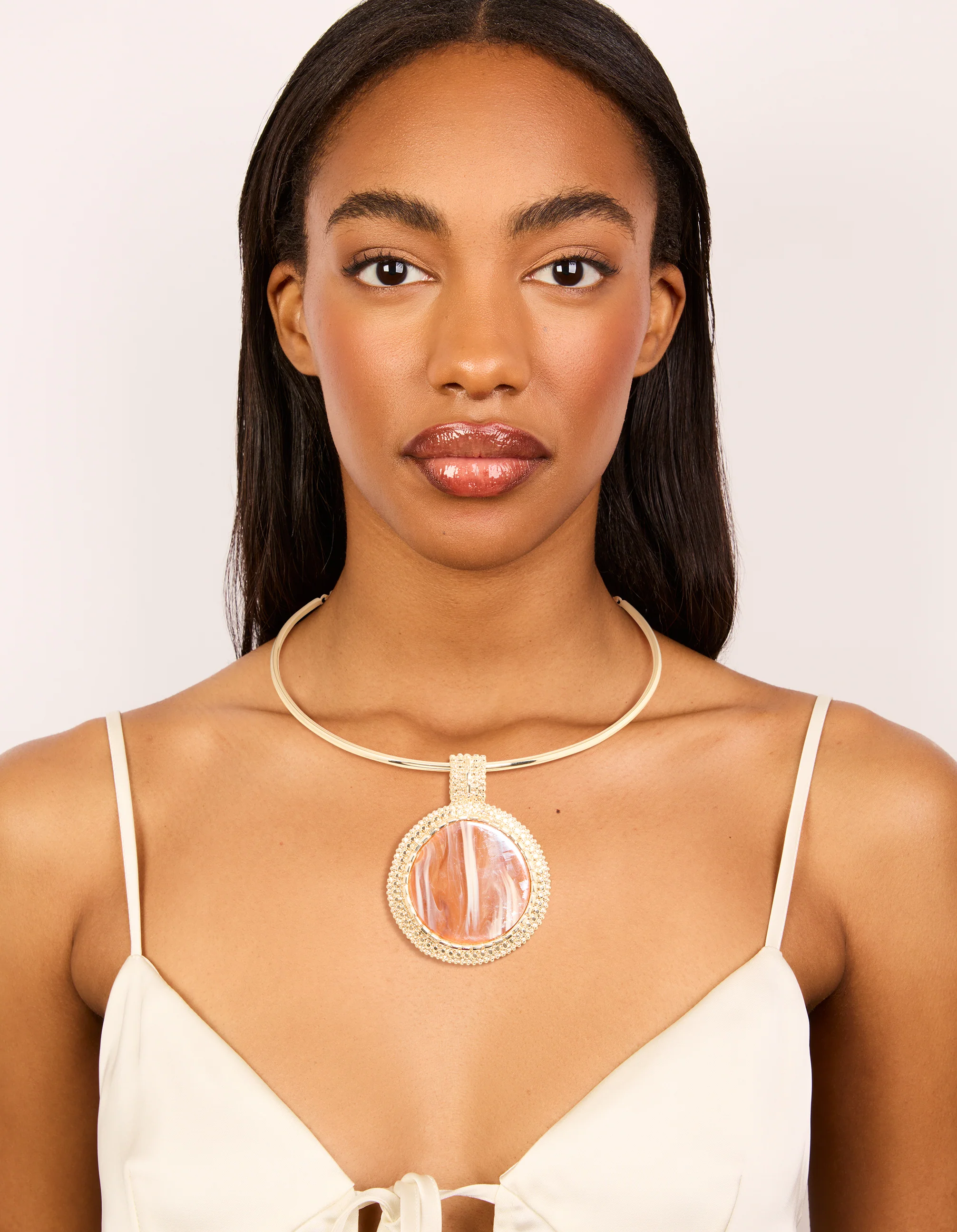 Gold Brown Marbled Stone Torque Pendant Necklace - Image 3