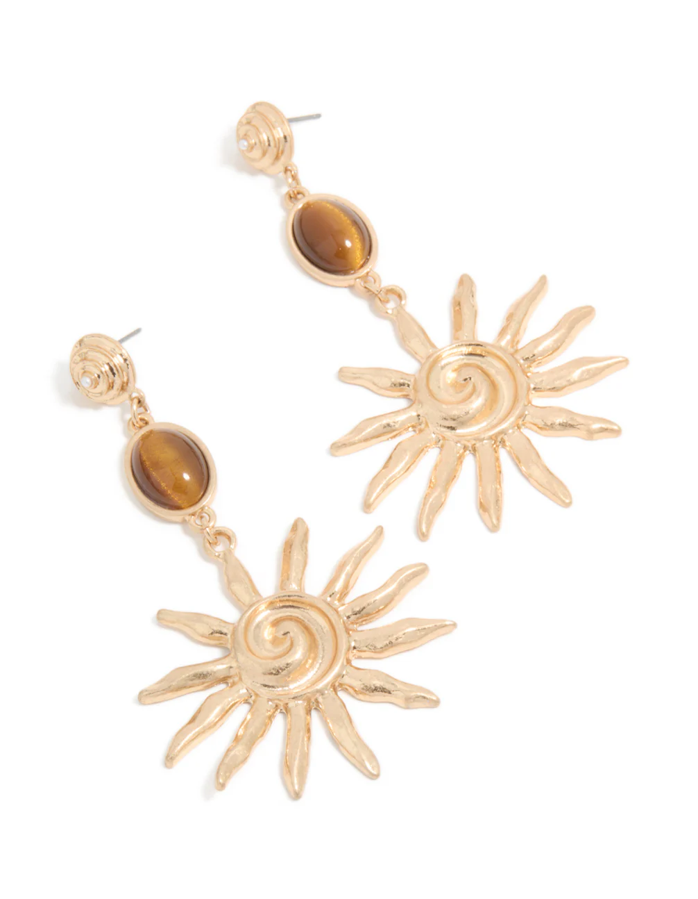 Gold Brown Stone & Large Swirly Sun Drop Earrings - Image 2