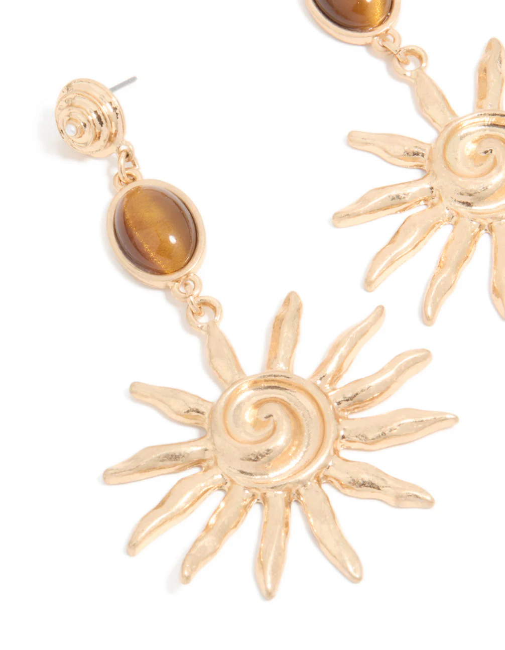 Gold Brown Stone & Large Swirly Sun Drop Earrings - Image 4