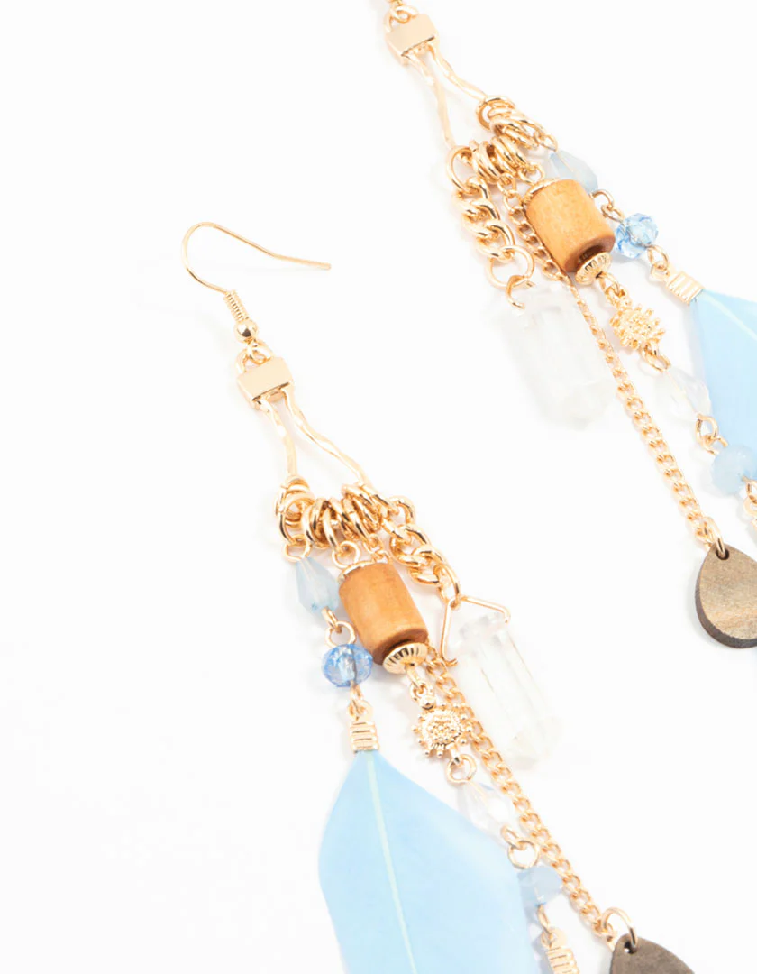 Gold Bug Shard Feather Chain Drop Earrings - Image 2