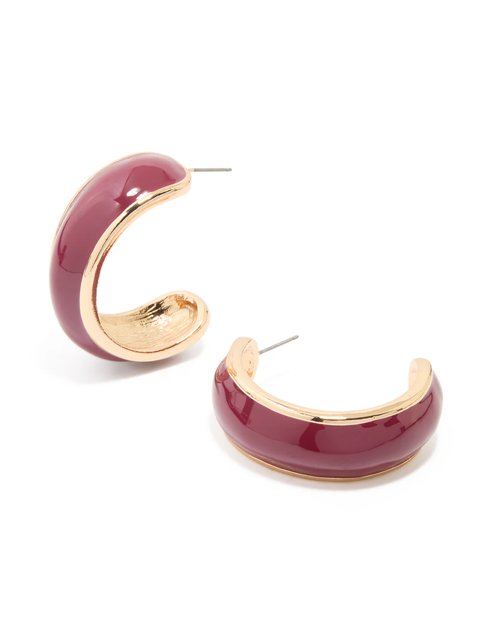 Gold Burgundy Enamel Hoop Earrings