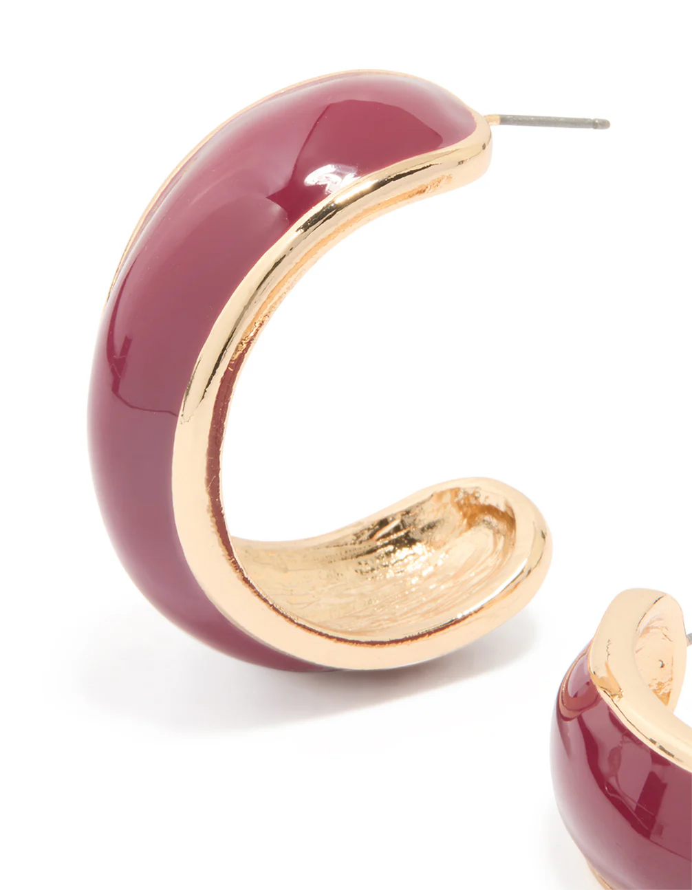 Gold Burgundy Enamel Hoop Earrings - Image 2