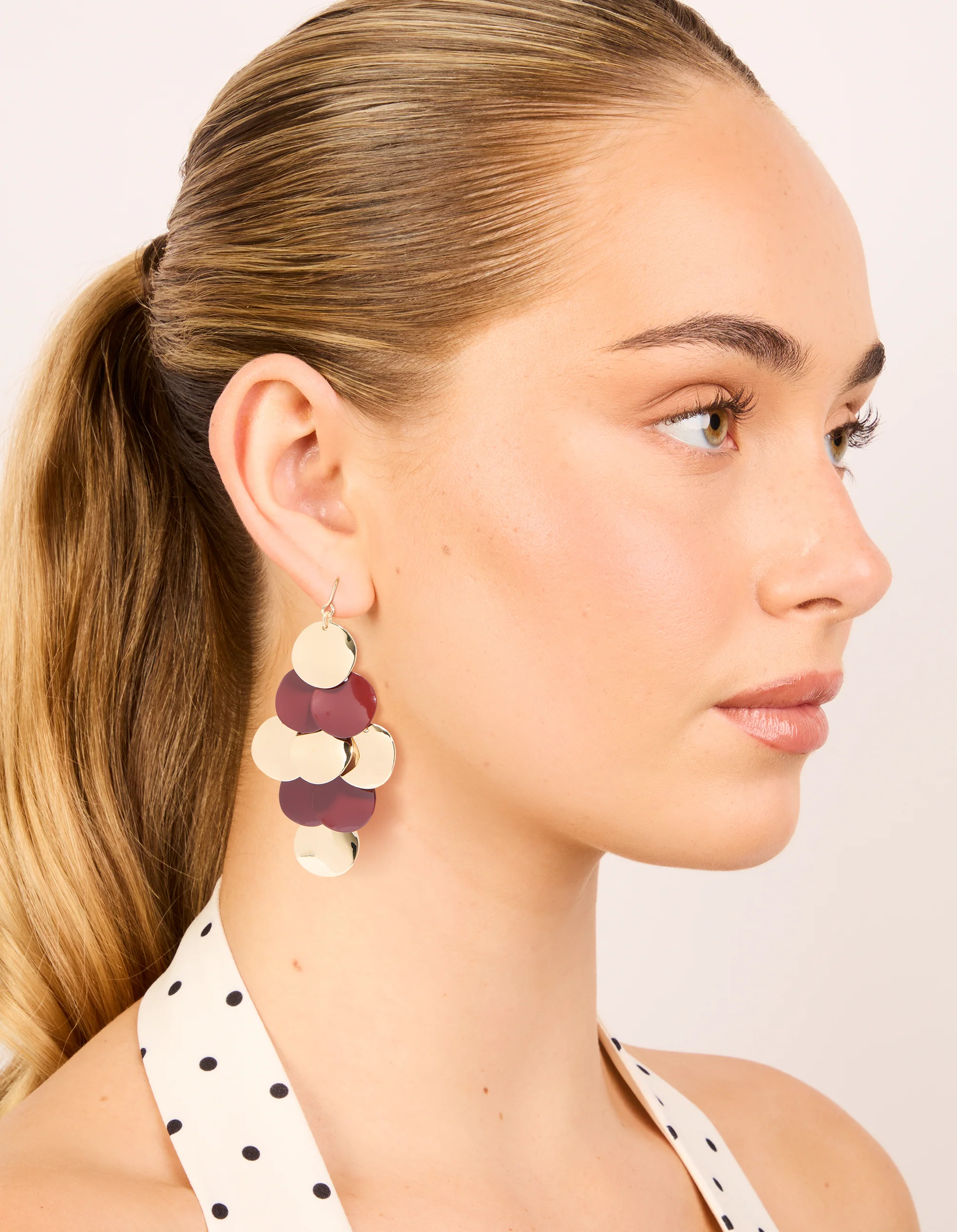 Gold & Burgundy Layered Disc Drop Earrings - Image 3