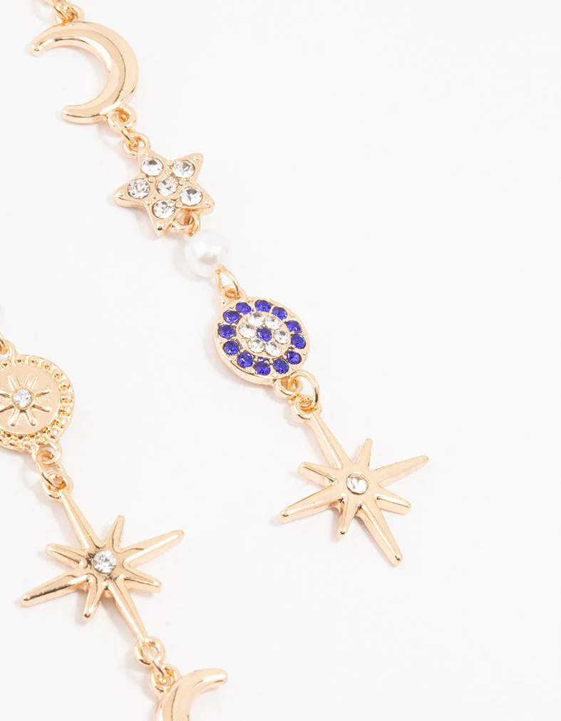 Gold Celestial & Dark Blue Evil Eye Drop Earrings - Image 3