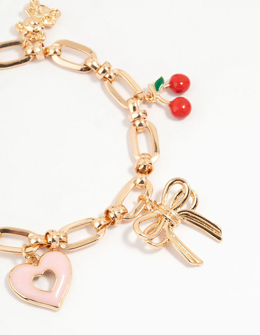 Gold Cherry & Heart Charm Bracelet - Image 2