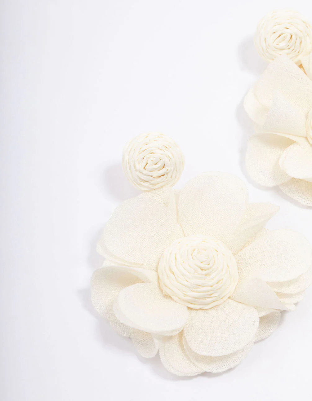 Gold & Cream Raffia Petal Flower Drop Earrings - Image 2
