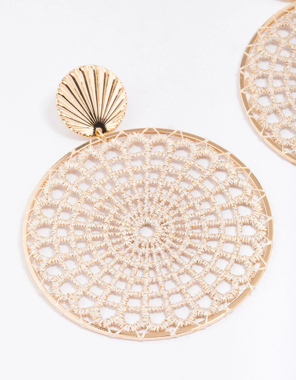 Gold Crochet Round Drop Earrings - Image 2