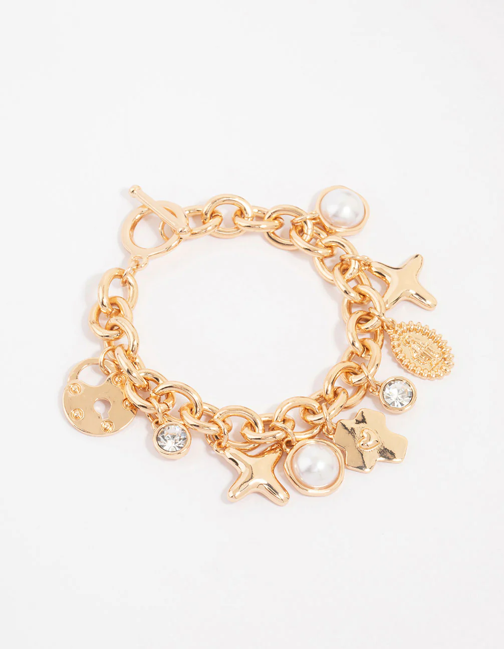 Gold Cross & Pearl Charm Bracelet