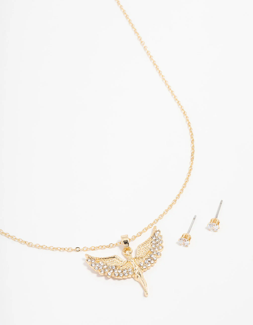 Gold Cubic Zirconia Angel Necklace & Stud Earrings Set