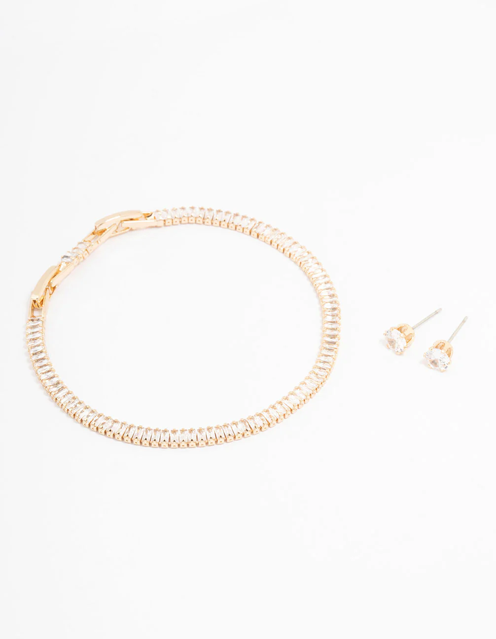 Gold Cubic Zirconia Baguette Tennis Bracelet & Earring Set