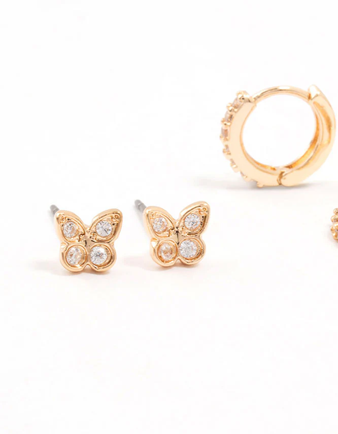 Gold Cubic Zirconia Butterfly & Flower Earrings 3-Pack - Image 2