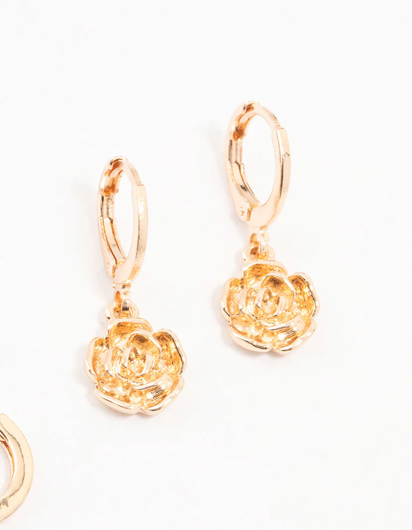 Gold Cubic Zirconia Butterfly & Flower Earrings 3-Pack - Image 3