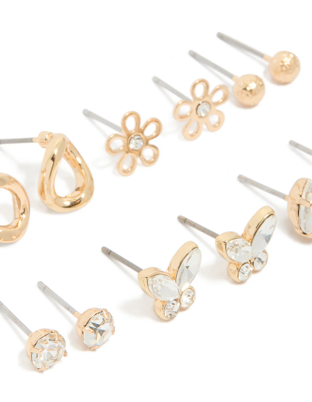 Gold Cubic Zirconia & Butterfly Stud Earrings 7-Pack - Image 2