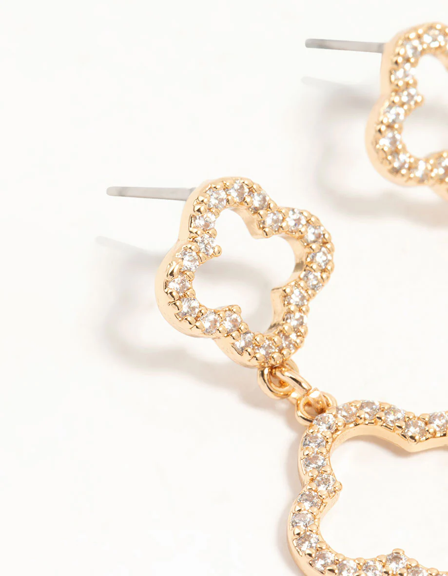Gold Cubic Zirconia Flower Drop Earrings - Image 6