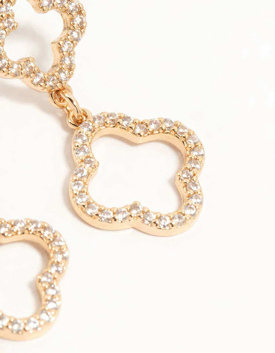 Gold Cubic Zirconia Flower Drop Earrings - Image 7