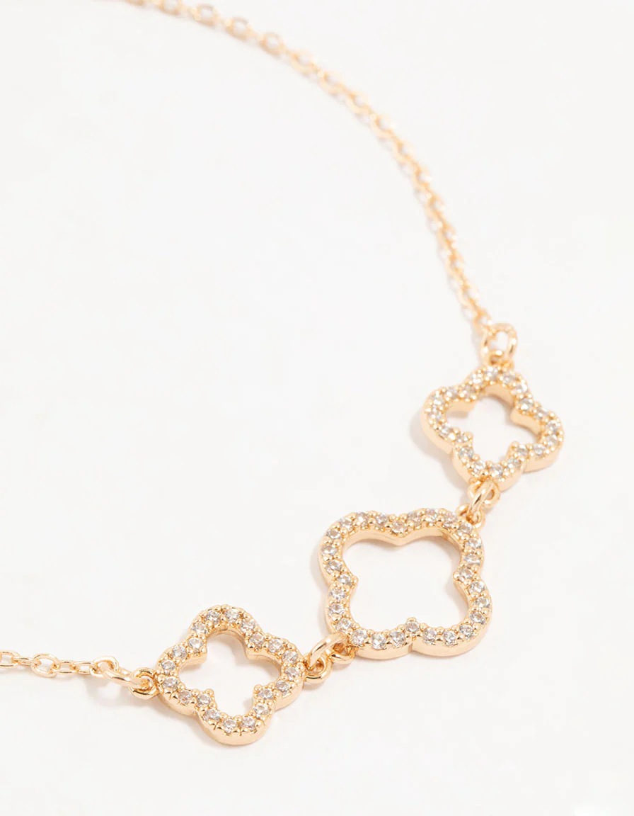 Gold Cubic Zirconia Flower Trio Bracelet - Image 2