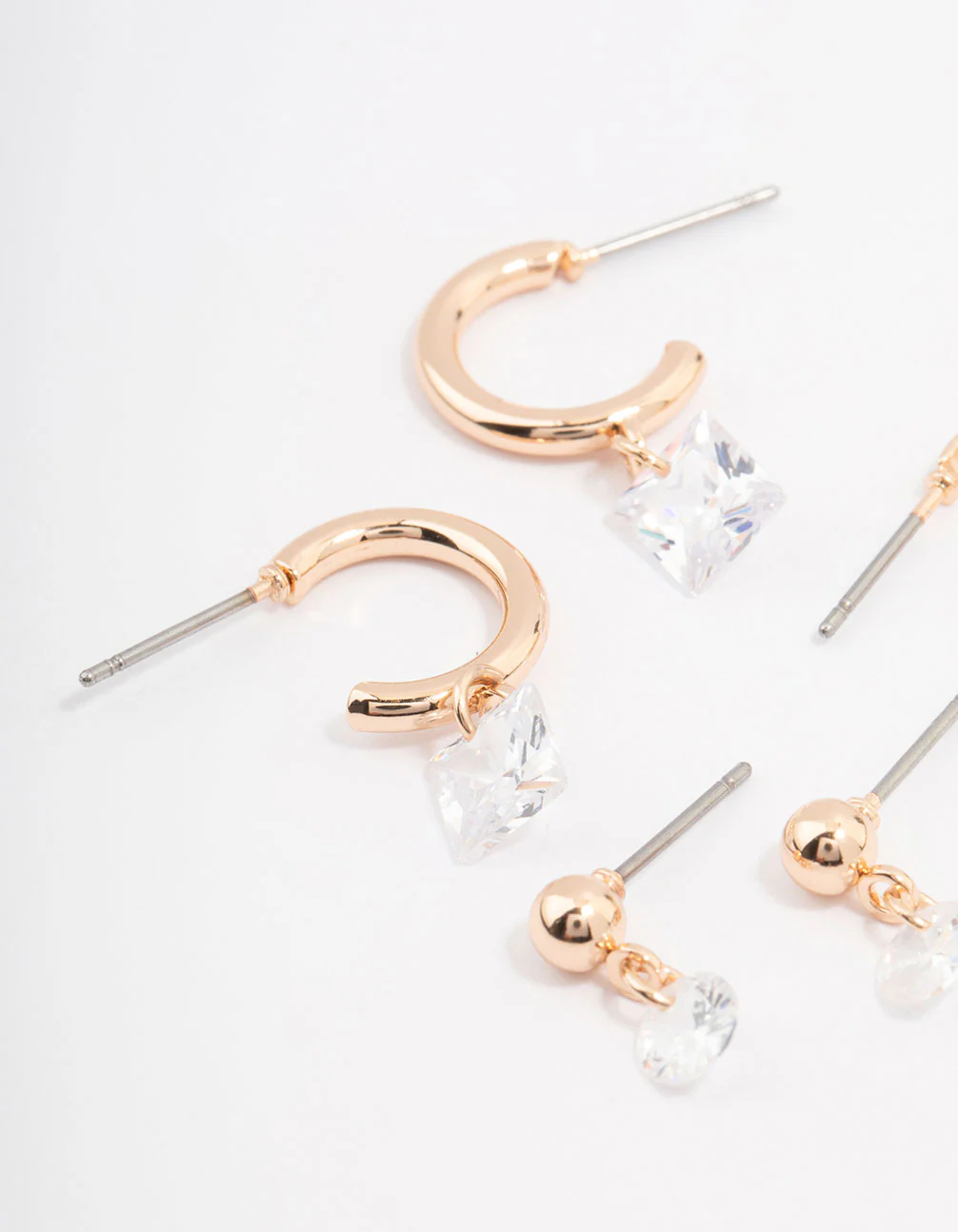 Gold Cubic Zirconia Diamante Stud & Hoop Earring 3-Pack - Image 2