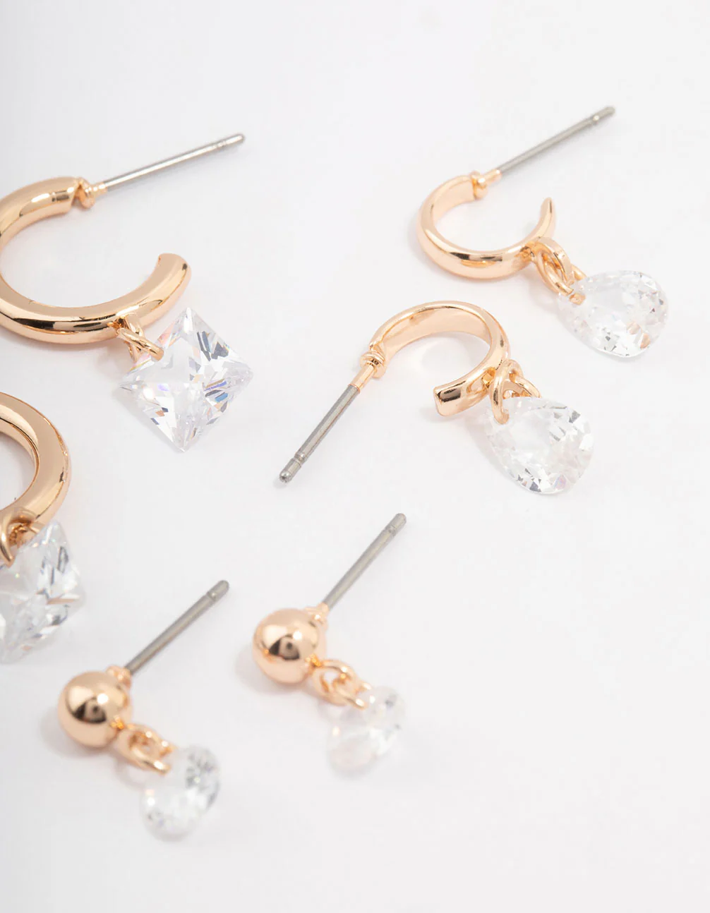 Gold Cubic Zirconia Diamante Stud & Hoop Earring 3-Pack - Image 3