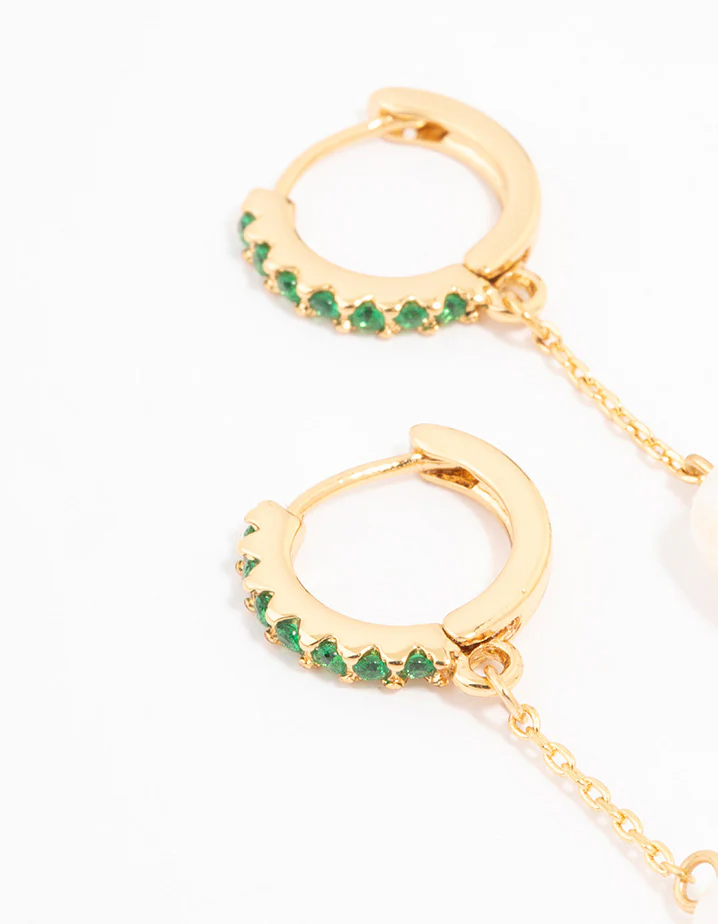 Gold Plated Cubic Zirconia Emerald & Freshwater Pearl Huggie Chain Drop Earrings - Image 2