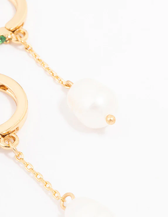 Gold Plated Cubic Zirconia Emerald & Freshwater Pearl Huggie Chain Drop Earrings - Image 3