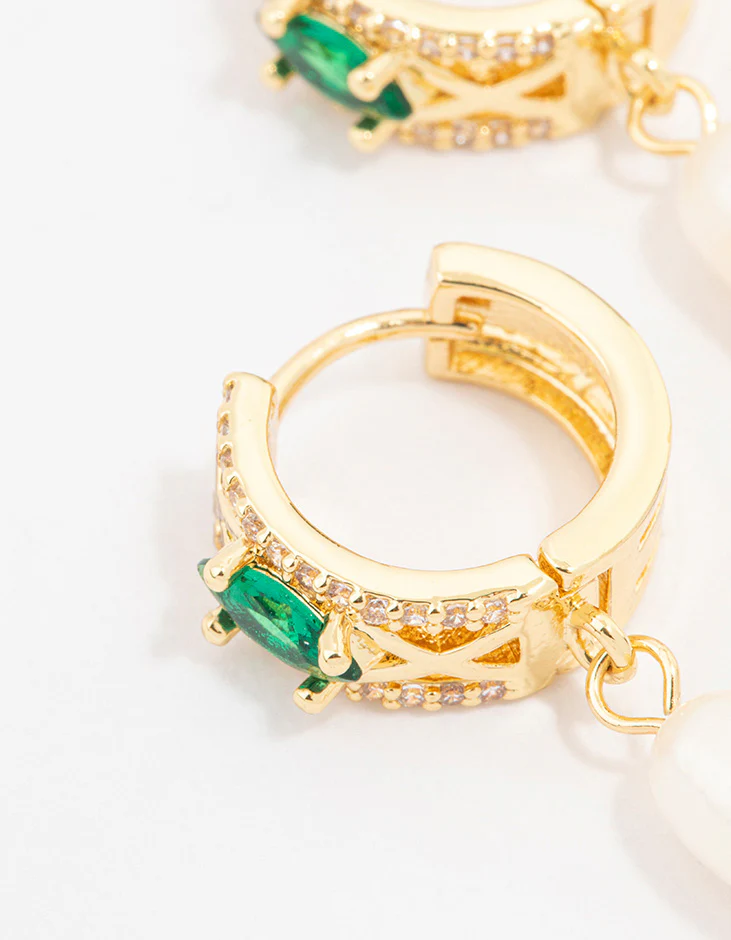 Gold Plated Cubic Zirconia Emerald Marquise & Freshwater Pearl Huggie Earrings - Image 2
