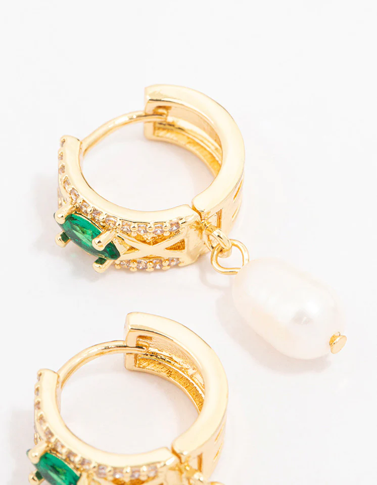 Gold Plated Cubic Zirconia Emerald Marquise & Freshwater Pearl Huggie Earrings - Image 3