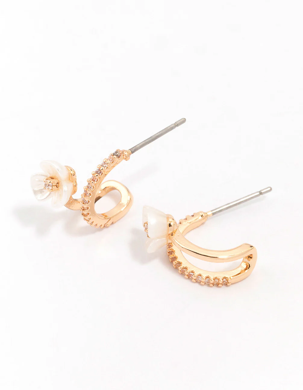Gold Cubic Zirconia Flower Double Hoop Earrings