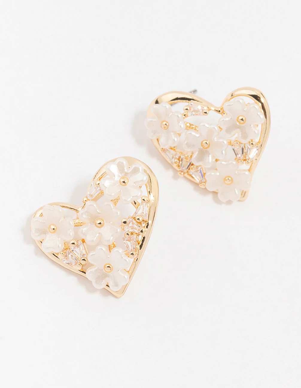 Gold Cubic Zirconia Flower Heart Stud Earrings
