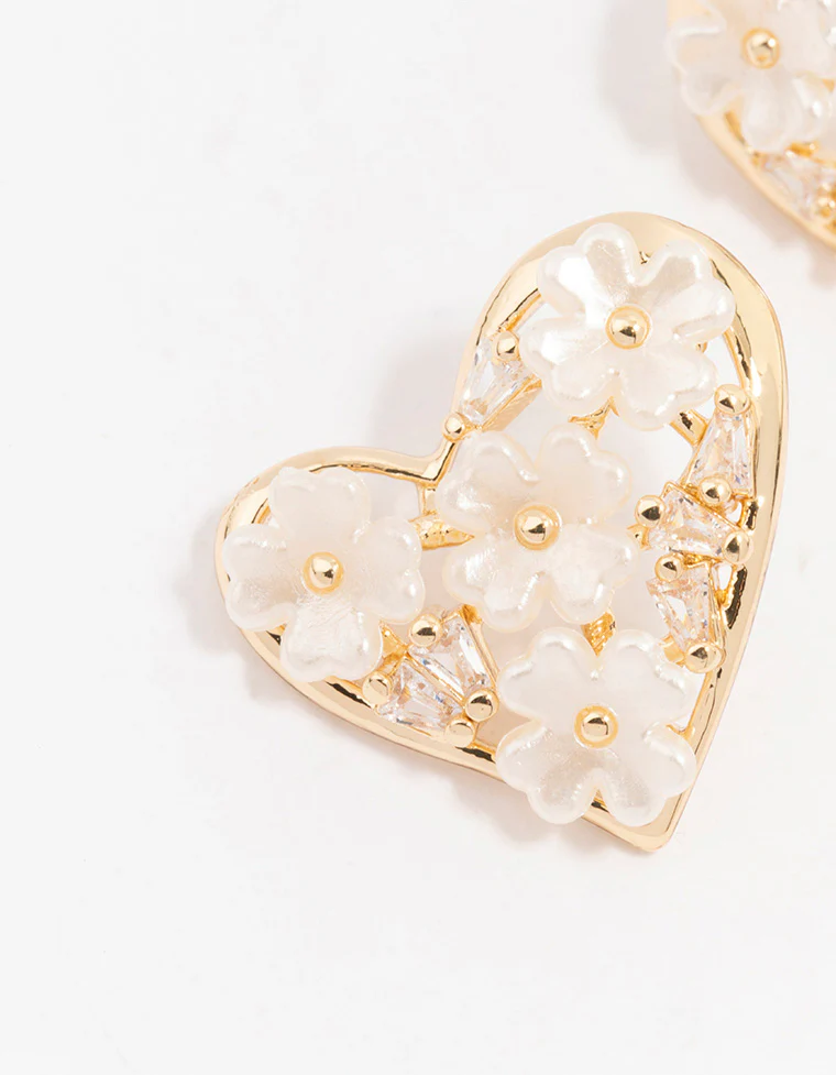Gold Cubic Zirconia Flower Heart Stud Earrings - Image 2