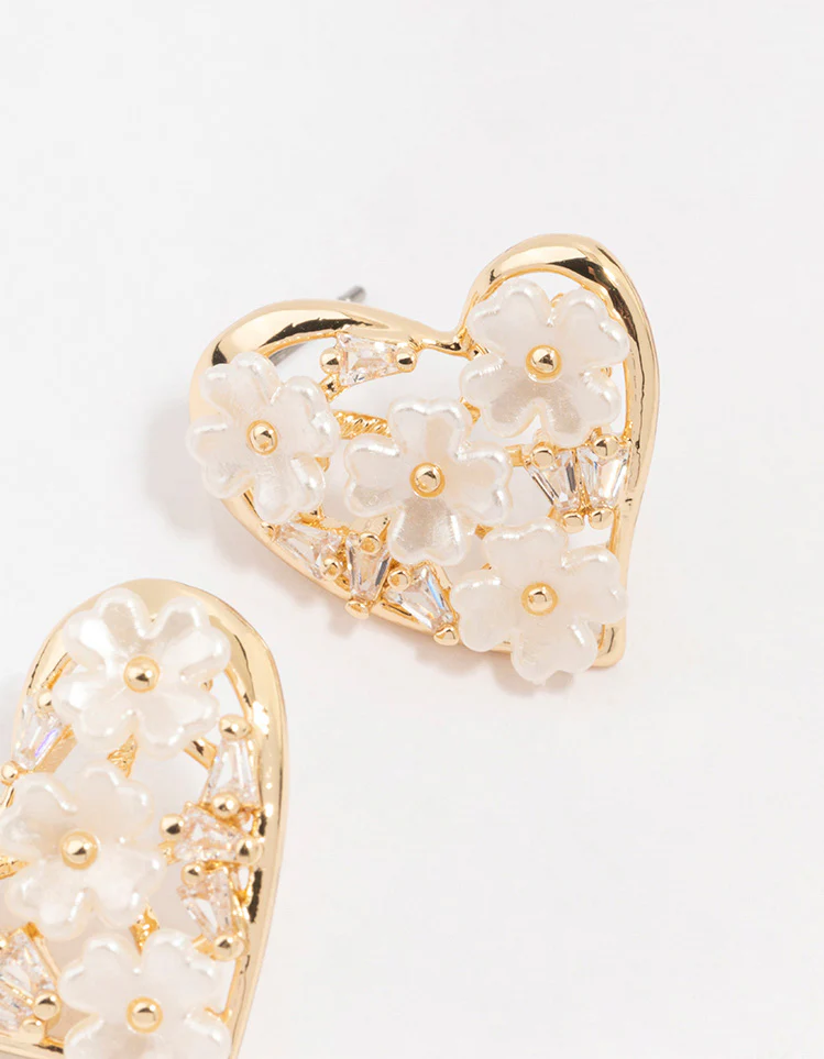 Gold Cubic Zirconia Flower Heart Stud Earrings - Image 3
