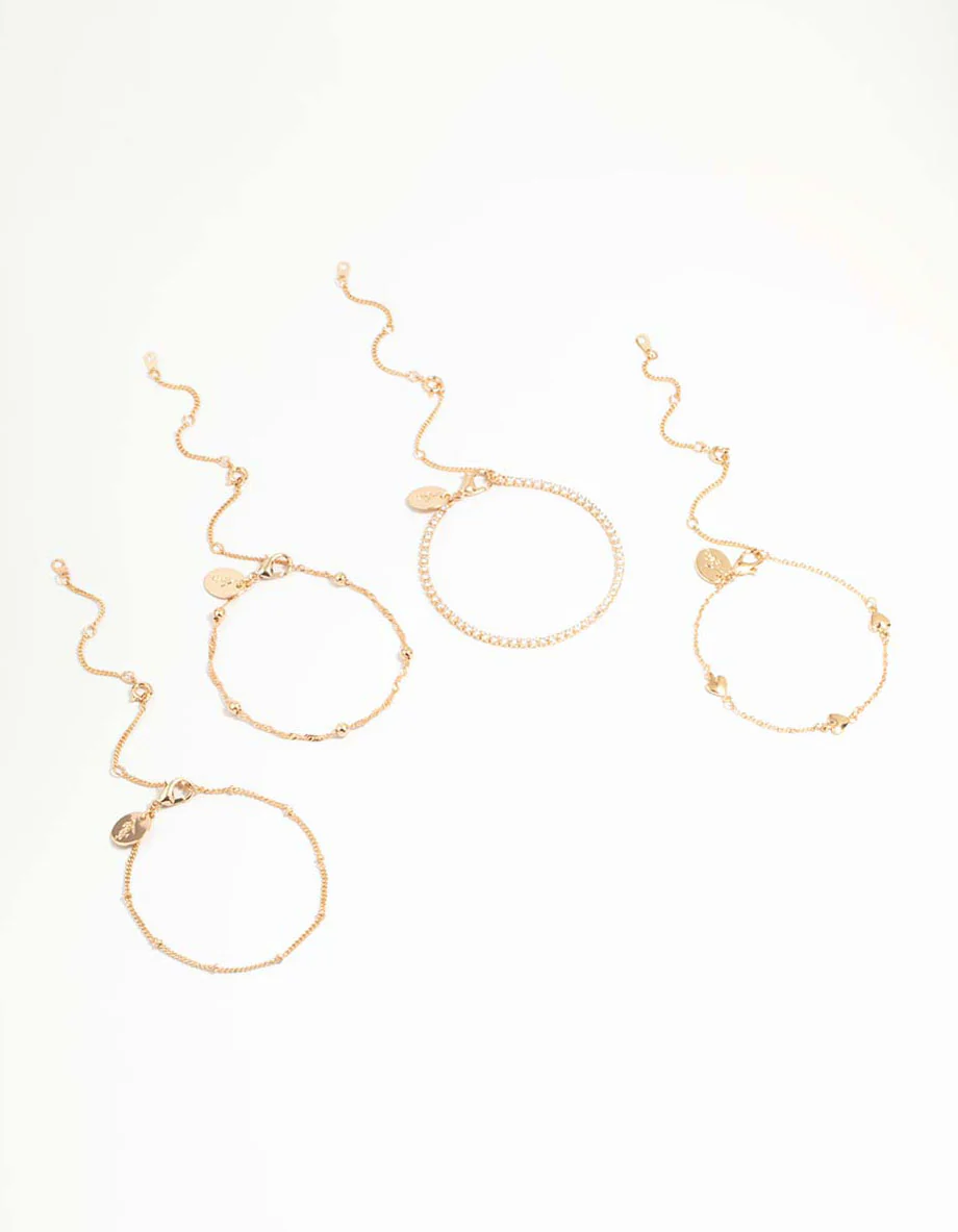 Gold Cubic Zirconia Heart Bracelet & Anklet 4-Pack