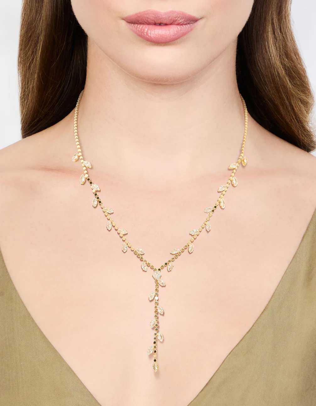 Gold Cubic Zirconia Leaf Y-Necklace - Image 2