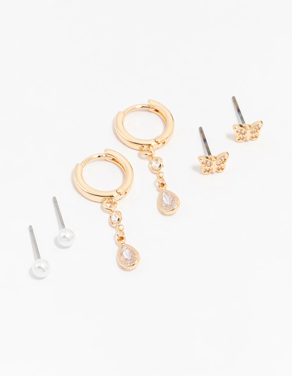Gold Cubic Zirconia Pearl & Butterfly Mixed Earring 3-Pack
