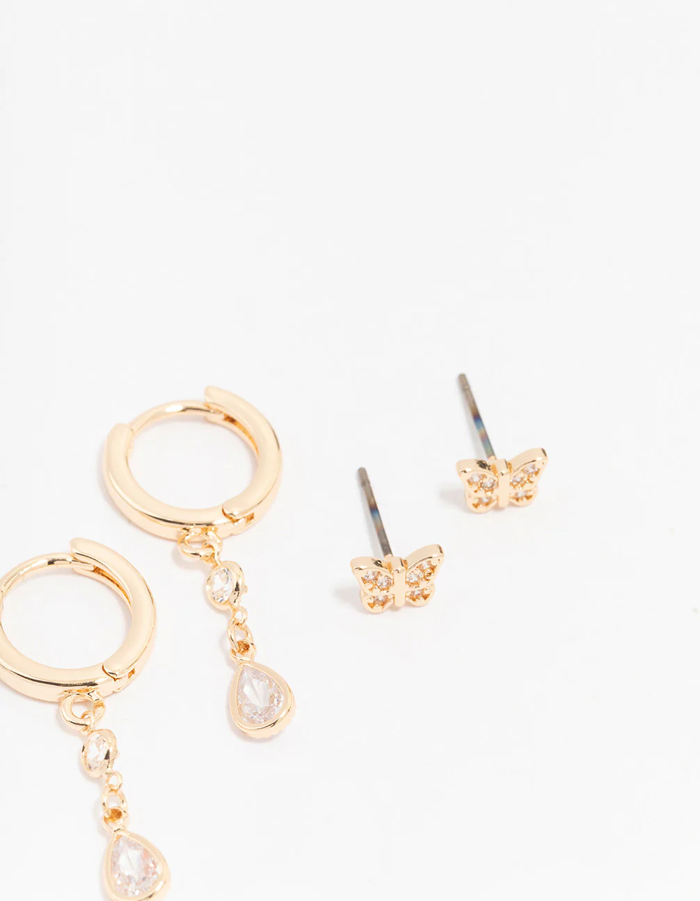 Gold Cubic Zirconia Pearl & Butterfly Mixed Earring 3-Pack - Image 3