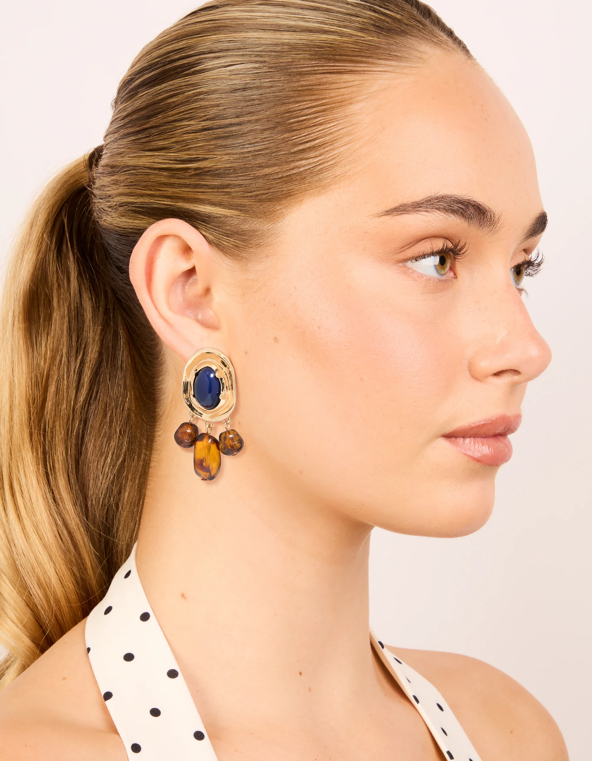 Gold Dark Blue Acrylic & Brown Beaded Medallion Drop Earrings - Image 3