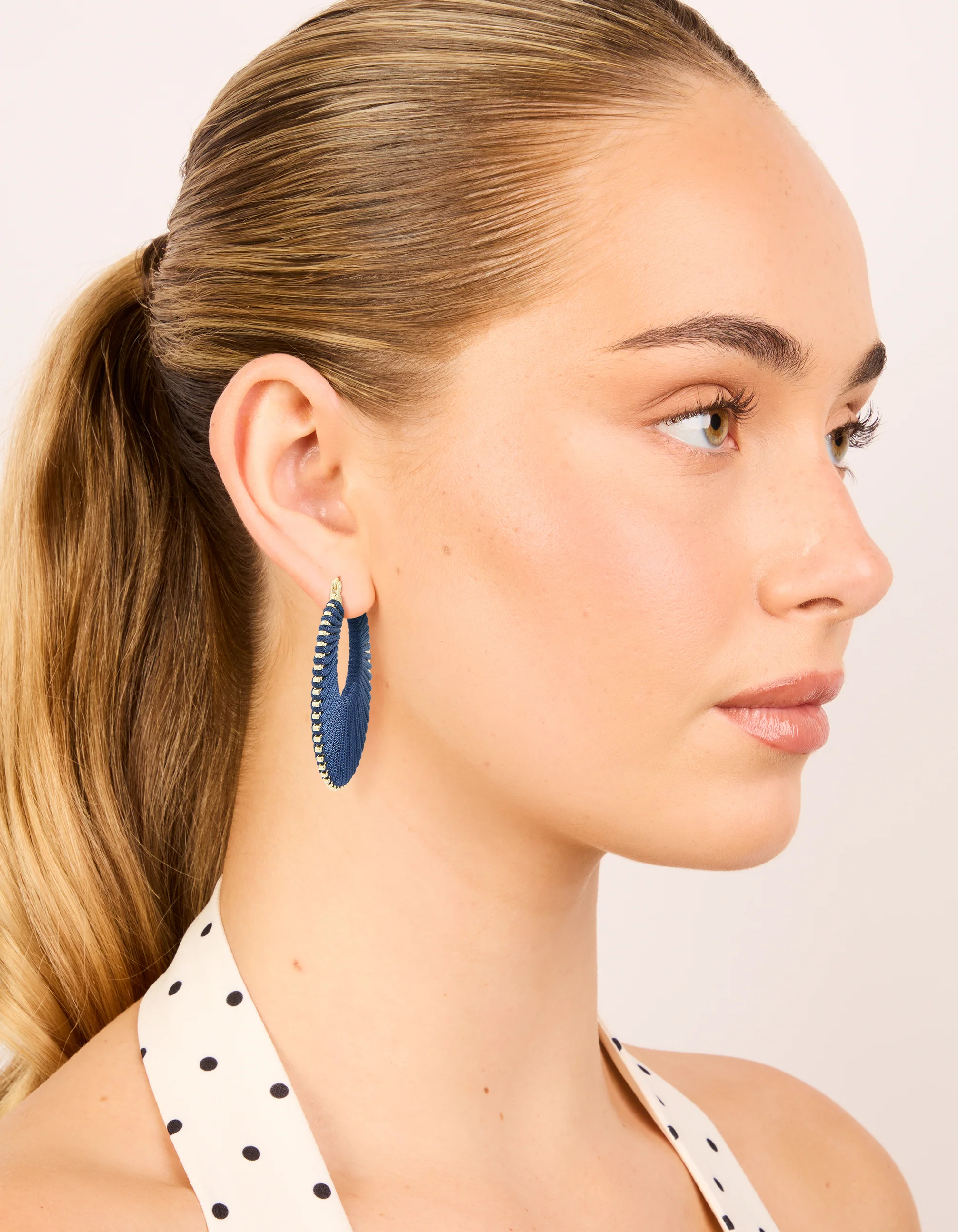 Gold Dark Blue Thread Hoop Earrings - Image 3