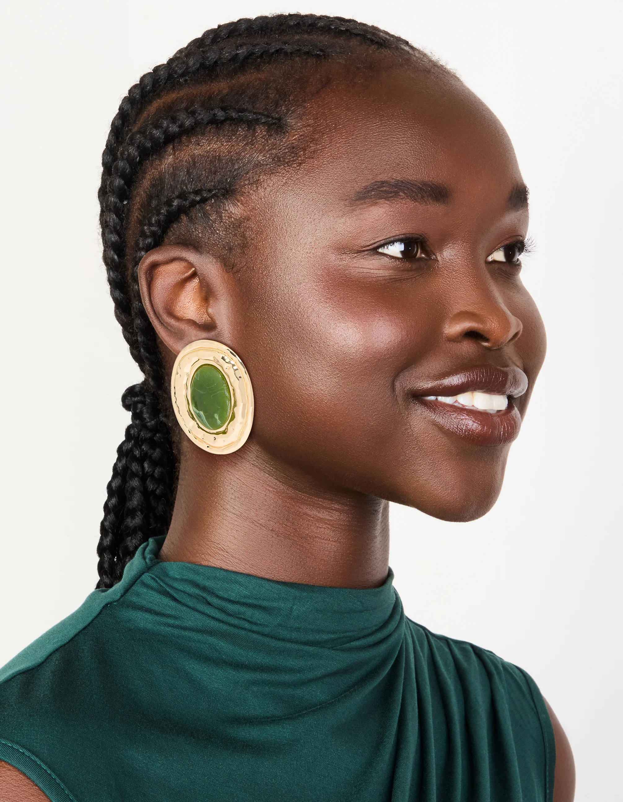 Gold Dark Green Enamel Statement Round Earrings - Image 3