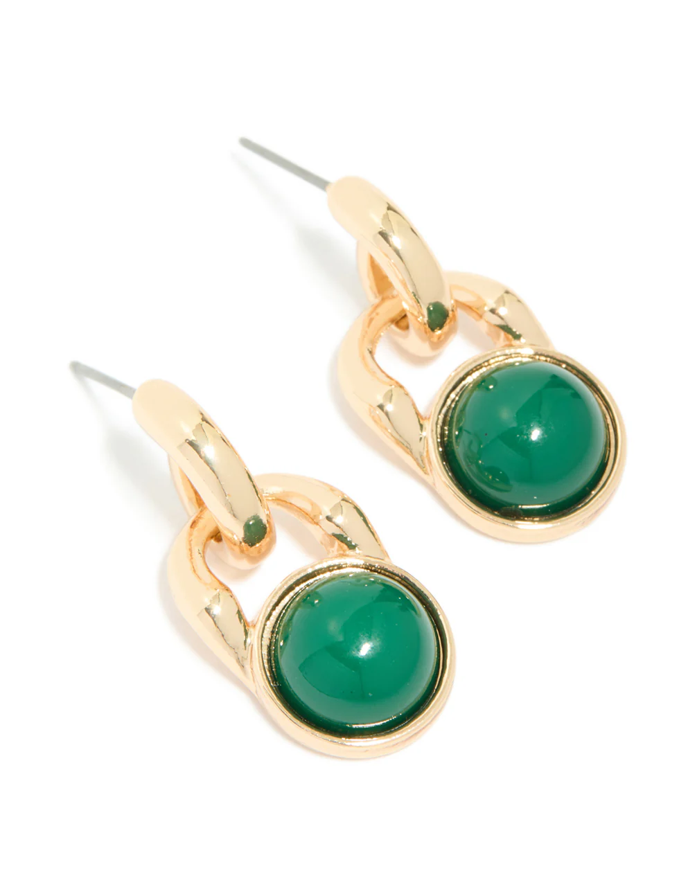 Gold Dark Green Stone Round Doorknocker Stud Earrings