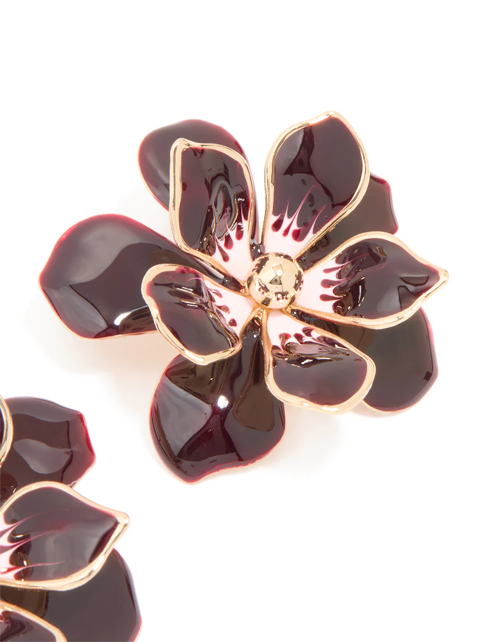 Gold Dark Red Flower Enamel Small Stud Earrings - Image 3