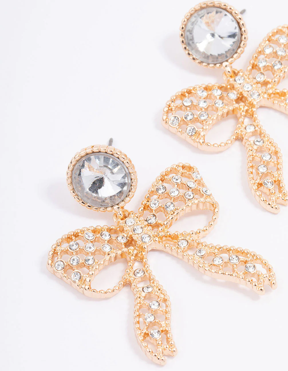 Gold Diamante Bow Drop Earrings - Image 2