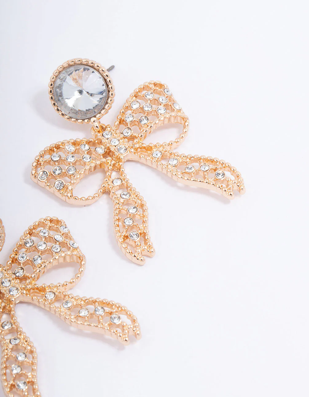 Gold Diamante Bow Drop Earrings - Image 3